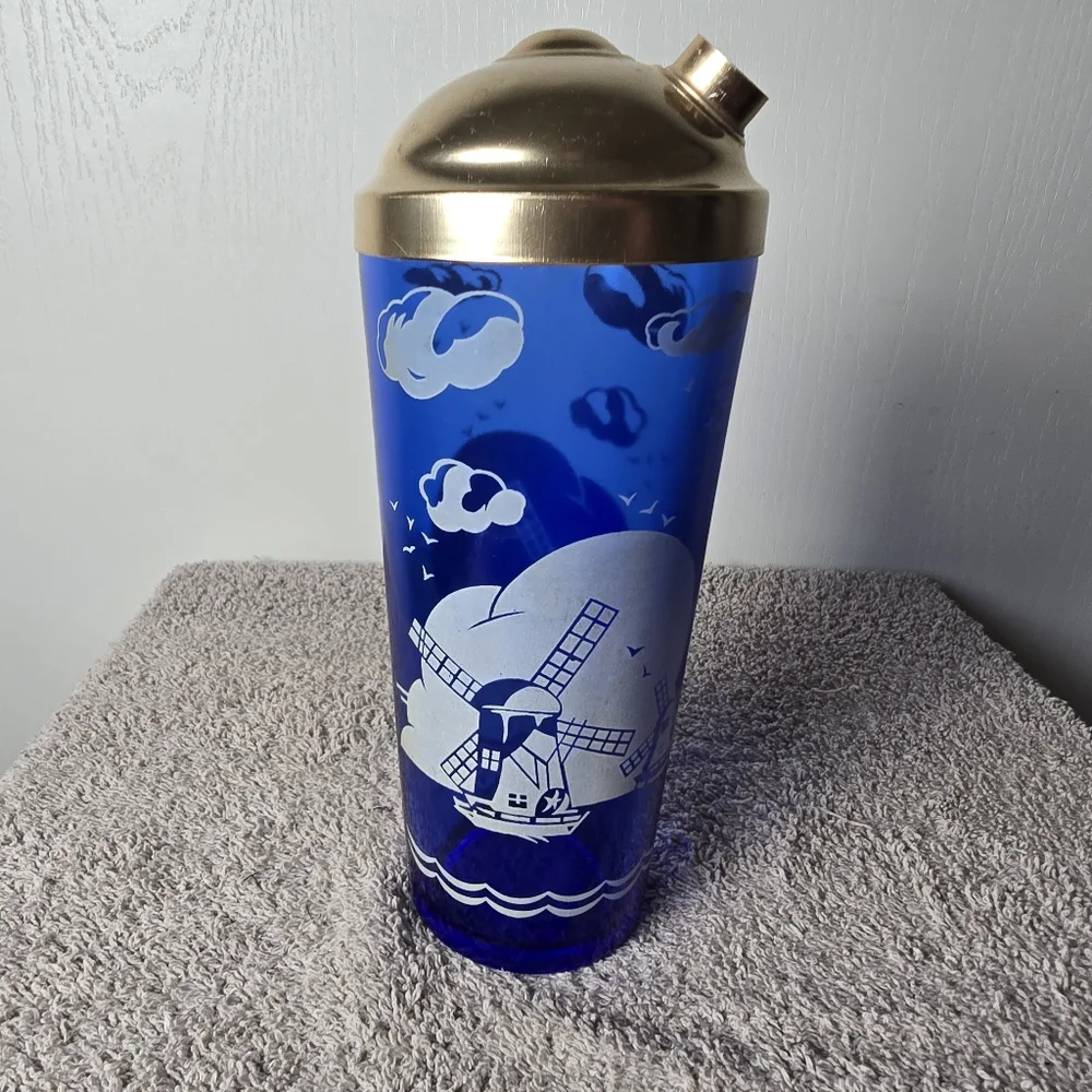 Vintage Hazel Atlas Cobalt Blue Art Deco Cocktail Shaker Windmill Pattern No Cap